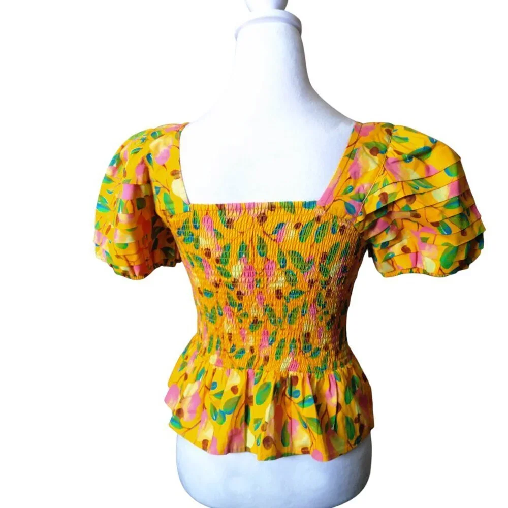 FARM Rio XS Mini Cashew Smocked Puff Sleeve Peplum Tropical Boho Top Blouse